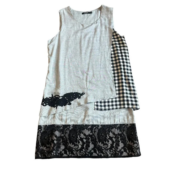 Desigual Sleeveless Dress Patch Plaid Lace Shift Fit Size 38 10 Women's US - Picture 1 of 9